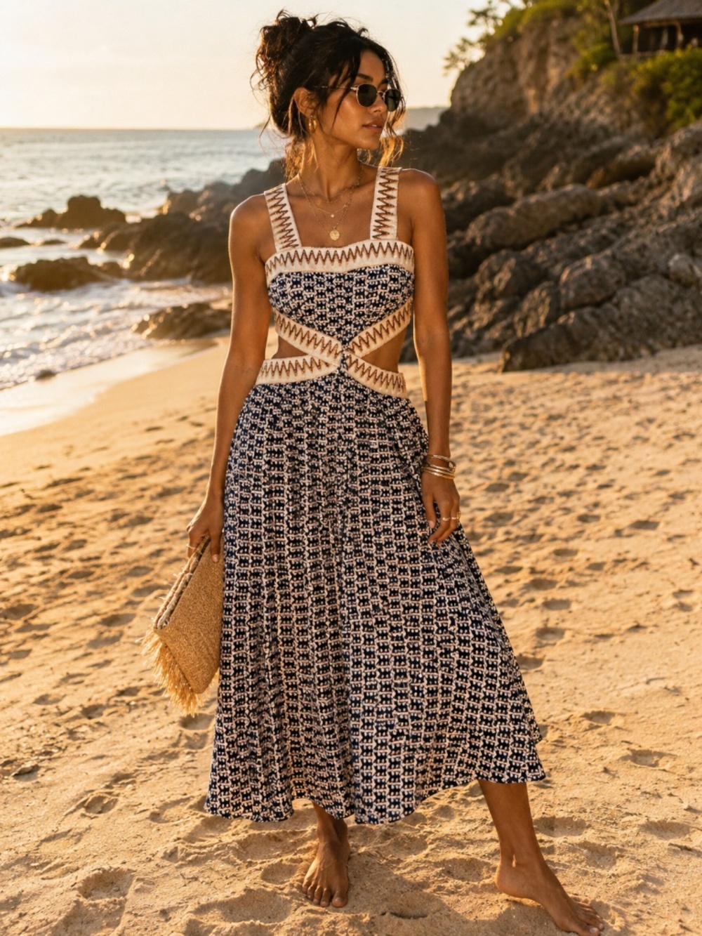{SHEIN} Geometric Cutout Maxi Dress with Cream Trim - Picture 1 of 11